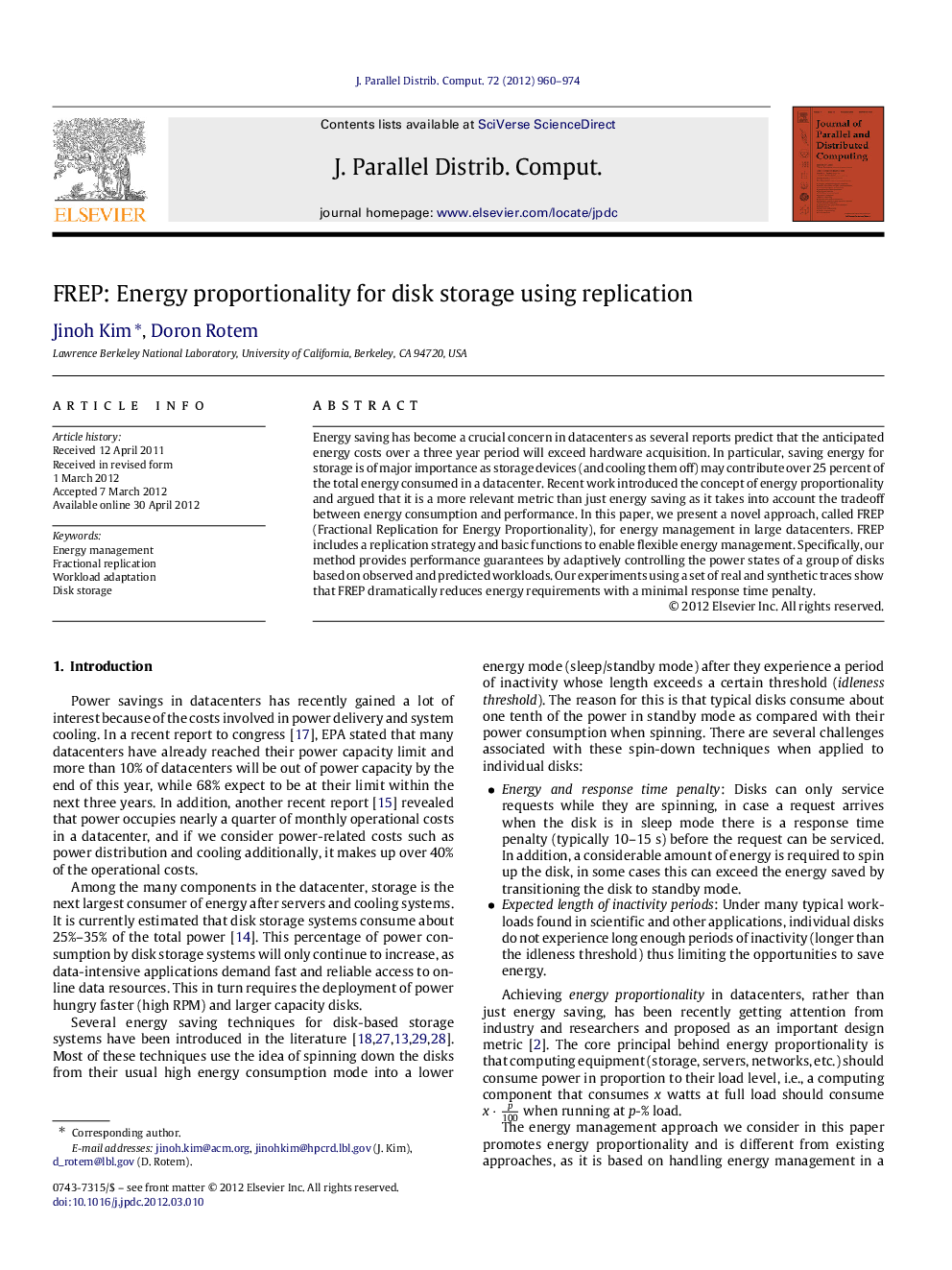 FREP: Energy proportionality for disk storage using replication