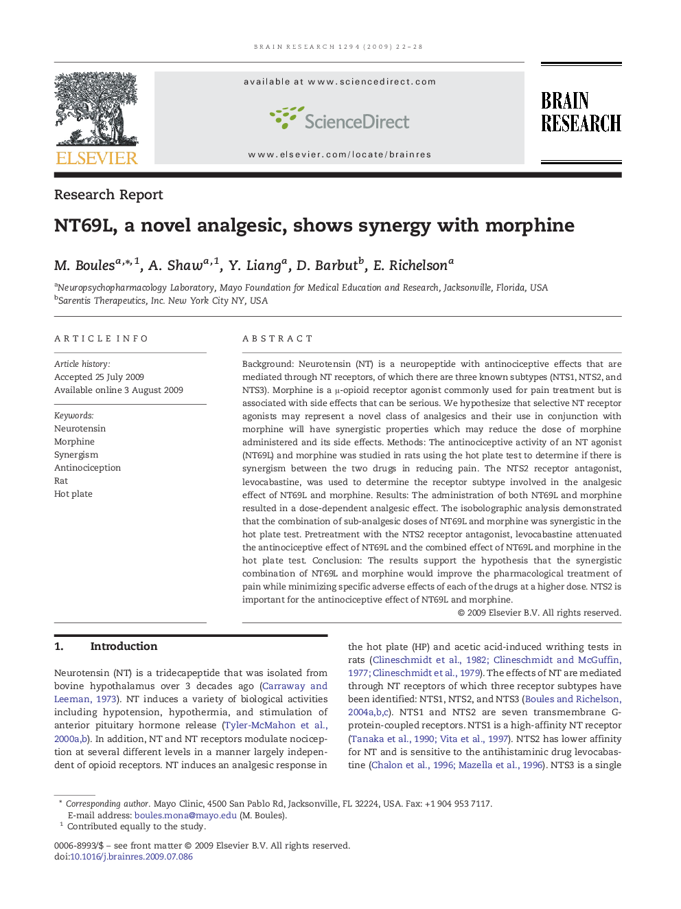 NT69L, a novel analgesic, shows synergy with morphine