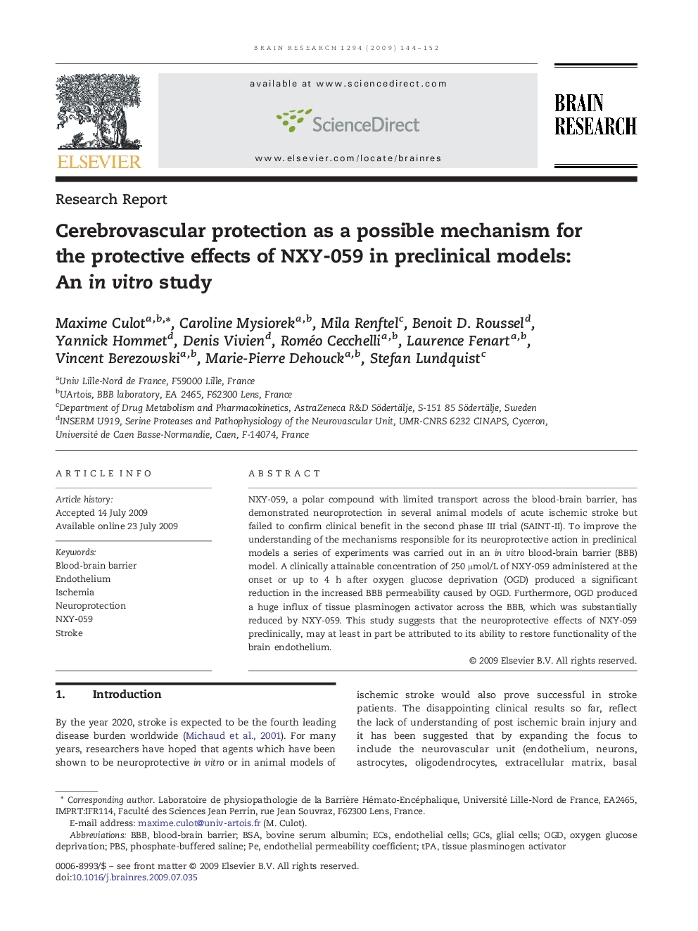 Cerebrovascular protection as a possible mechanism for the protective effects of NXY-059 in preclinical models: An in vitro study