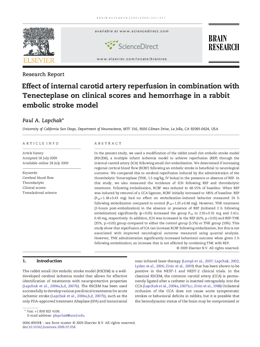 Effect of internal carotid artery reperfusion in combination with Tenecteplase on clinical scores and hemorrhage in a rabbit embolic stroke model