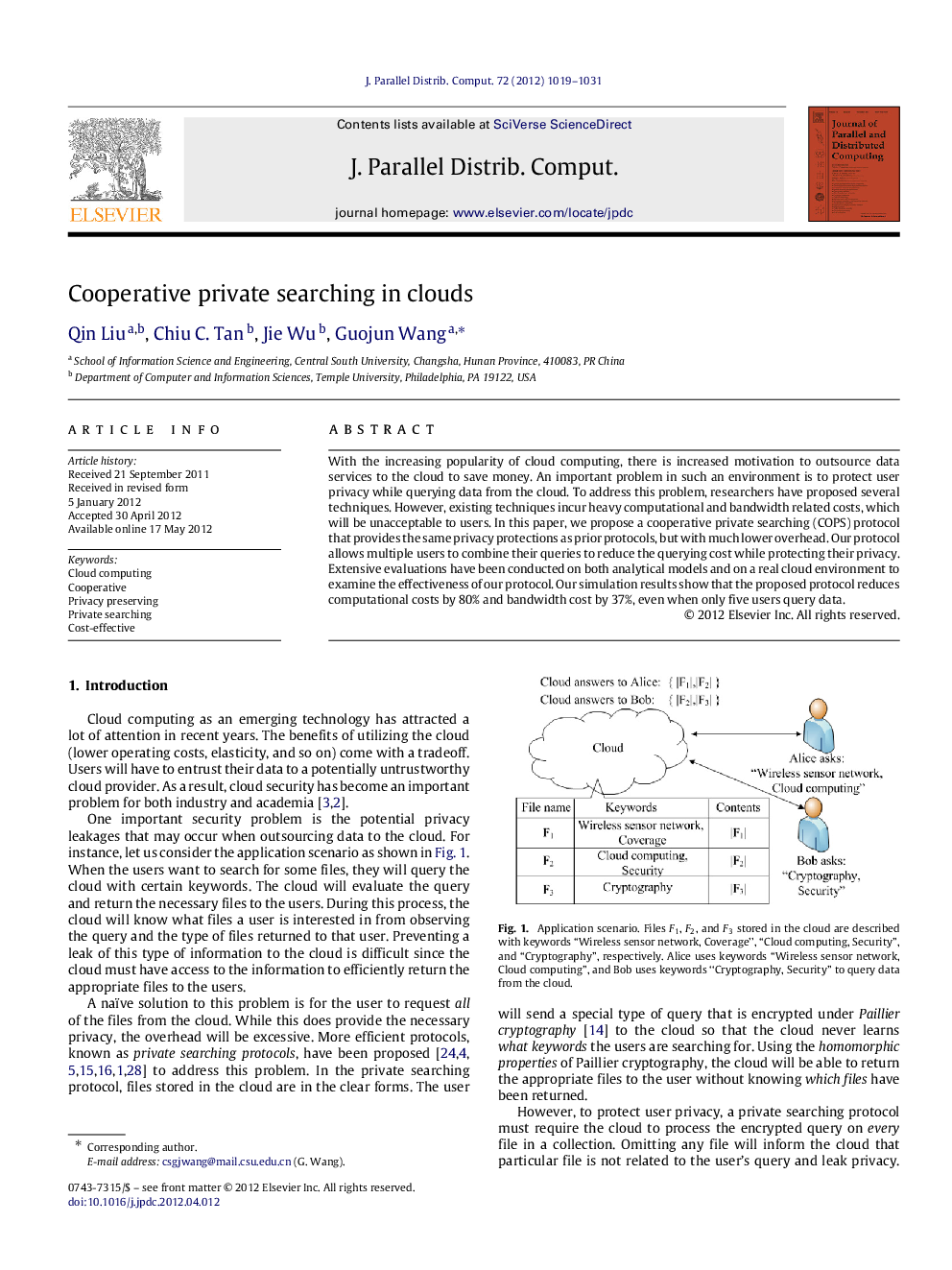 Cooperative private searching in clouds