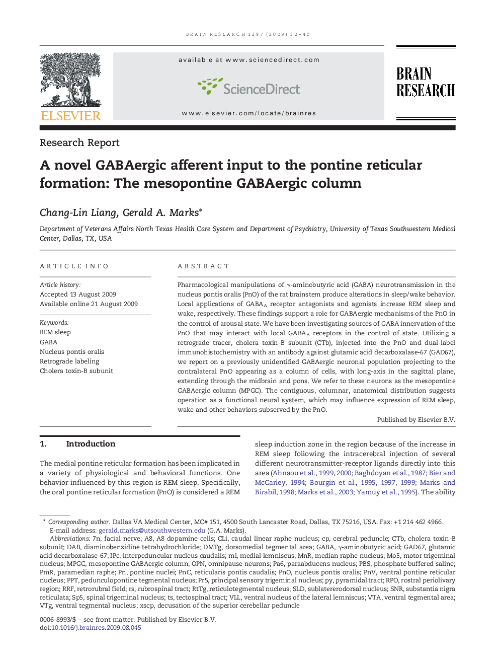 A novel GABAergic afferent input to the pontine reticular formation: The mesopontine GABAergic column