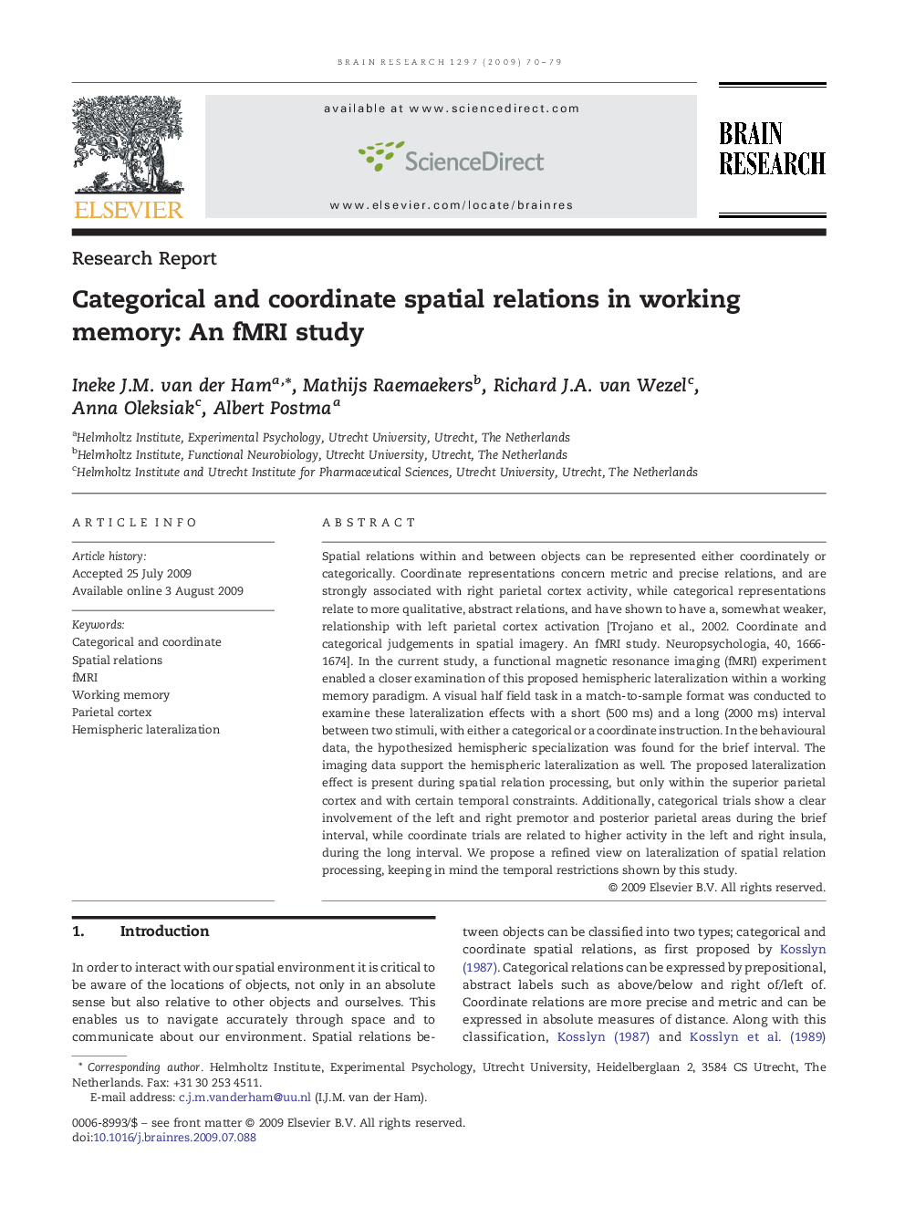 Categorical and coordinate spatial relations in working memory: An fMRI study