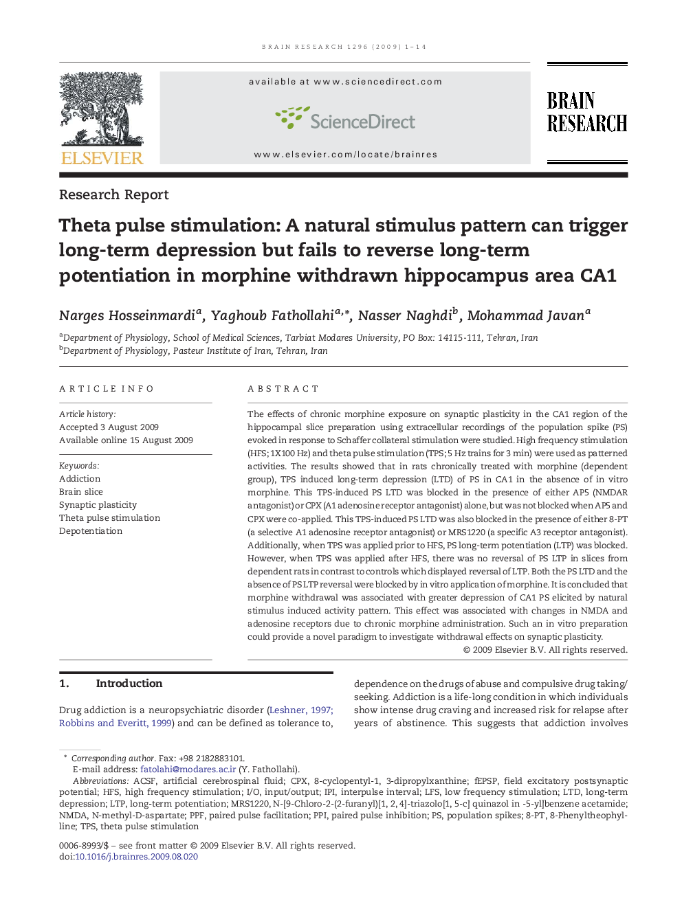 Theta pulse stimulation: A natural stimulus pattern can trigger long-term depression but fails to reverse long-term potentiation in morphine withdrawn hippocampus area CA1