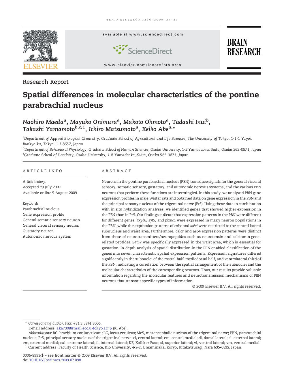 Spatial differences in molecular characteristics of the pontine parabrachial nucleus