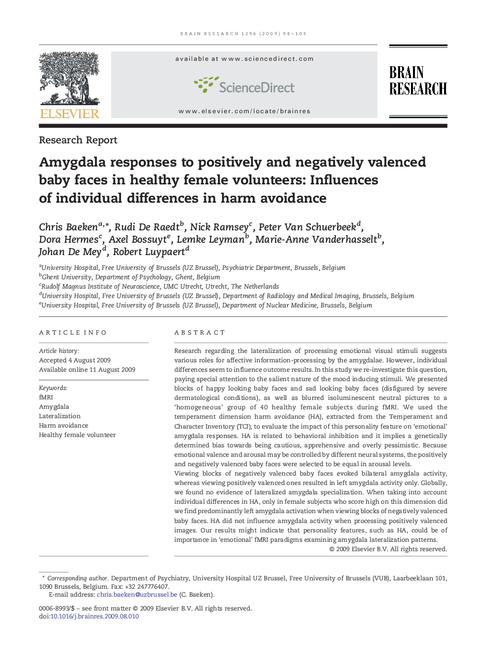 Amygdala responses to positively and negatively valenced baby faces in healthy female volunteers: Influences of individual differences in harm avoidance