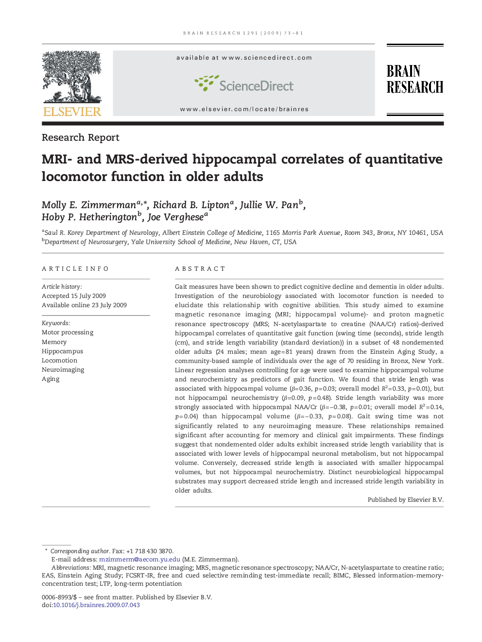 MRI- and MRS-derived hippocampal correlates of quantitative locomotor function in older adults