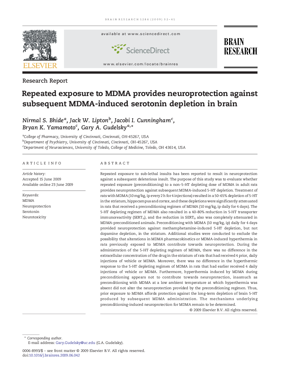 Repeated exposure to MDMA provides neuroprotection against subsequent MDMA-induced serotonin depletion in brain