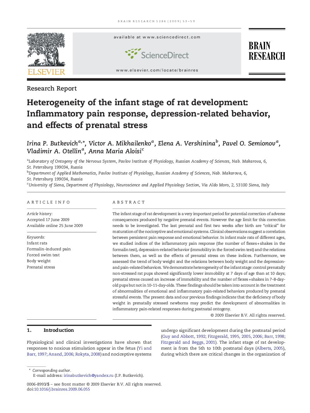 Heterogeneity of the infant stage of rat development: Inflammatory pain response, depression-related behavior, and effects of prenatal stress