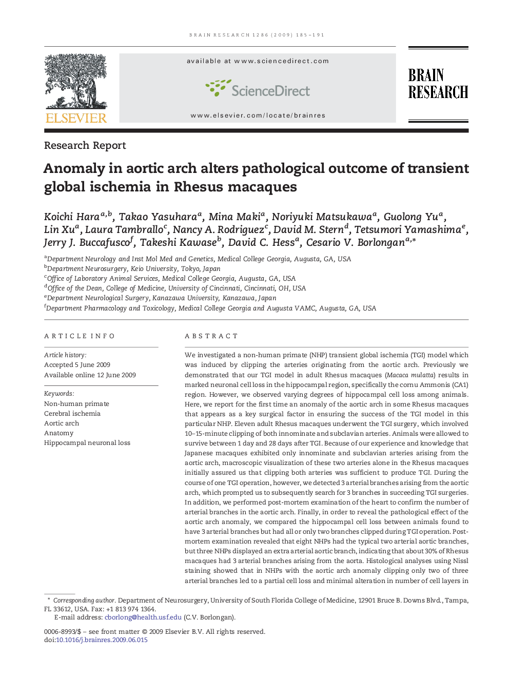 Anomaly in aortic arch alters pathological outcome of transient global ischemia in Rhesus macaques