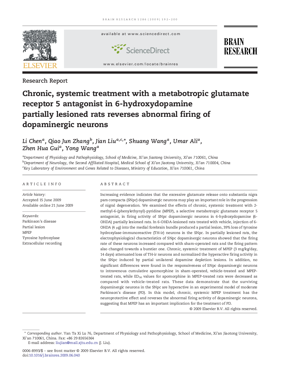 Chronic, systemic treatment with a metabotropic glutamate receptor 5 antagonist in 6-hydroxydopamine partially lesioned rats reverses abnormal firing of dopaminergic neurons