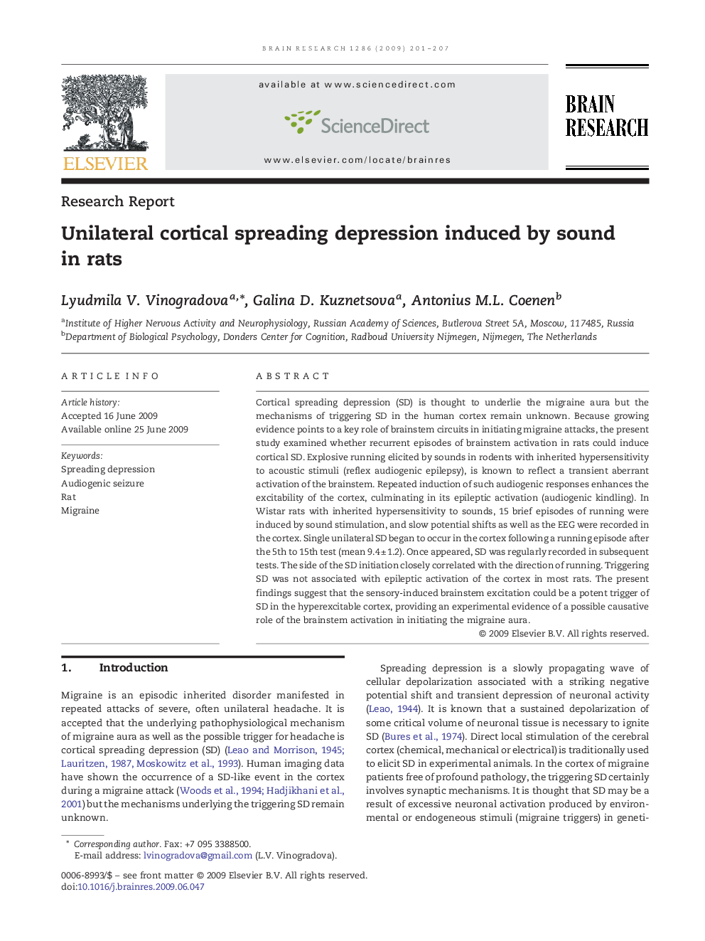 Unilateral cortical spreading depression induced by sound in rats