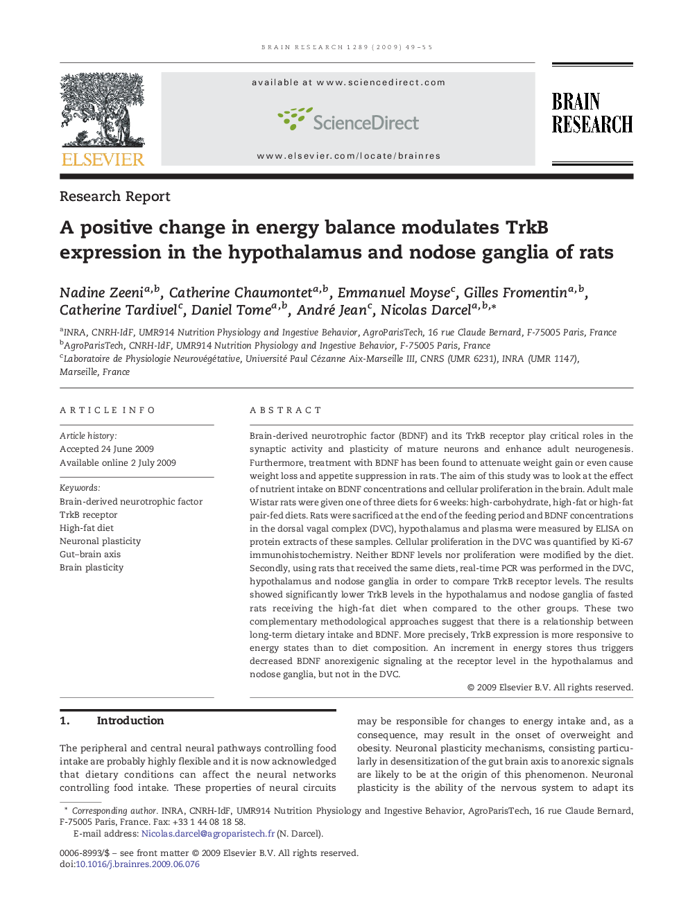 A positive change in energy balance modulates TrkB expression in the hypothalamus and nodose ganglia of rats