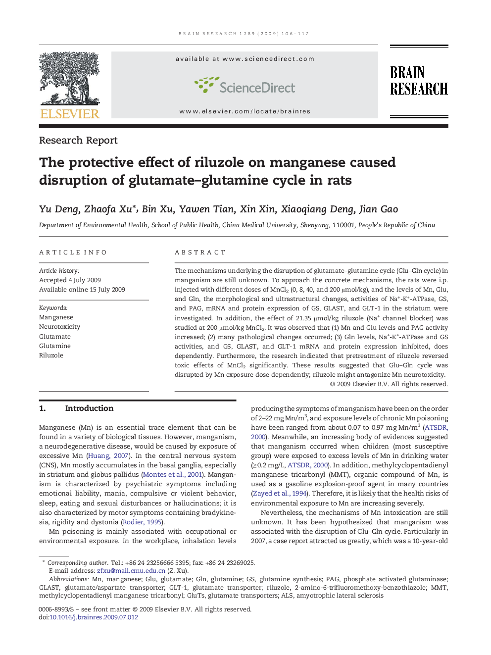 The protective effect of riluzole on manganese caused disruption of glutamate–glutamine cycle in rats