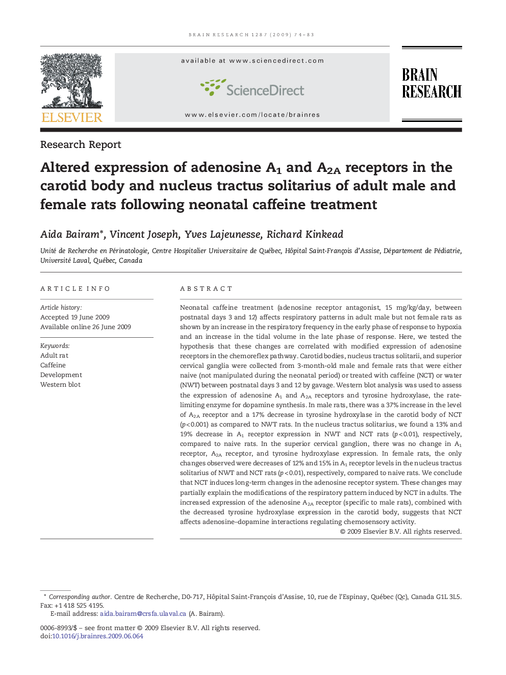 Altered expression of adenosine A1 and A2A receptors in the carotid body and nucleus tractus solitarius of adult male and female rats following neonatal caffeine treatment