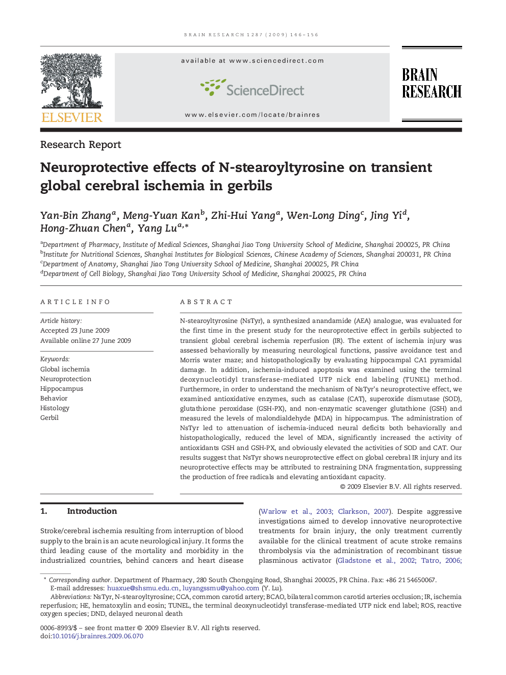 Neuroprotective effects of N-stearoyltyrosine on transient global cerebral ischemia in gerbils