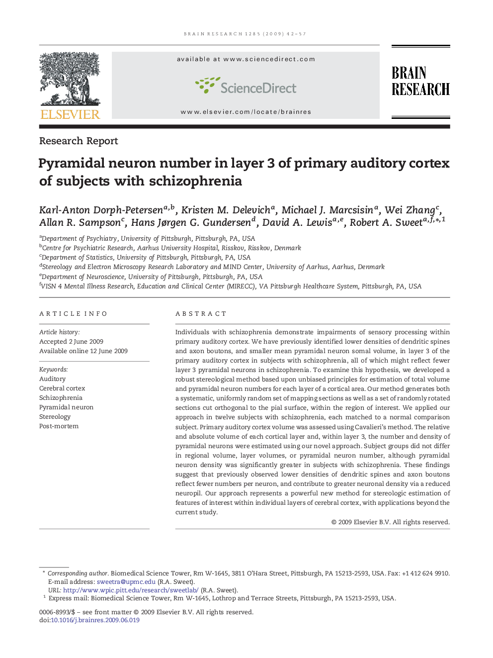 Pyramidal neuron number in layer 3 of primary auditory cortex of subjects with schizophrenia