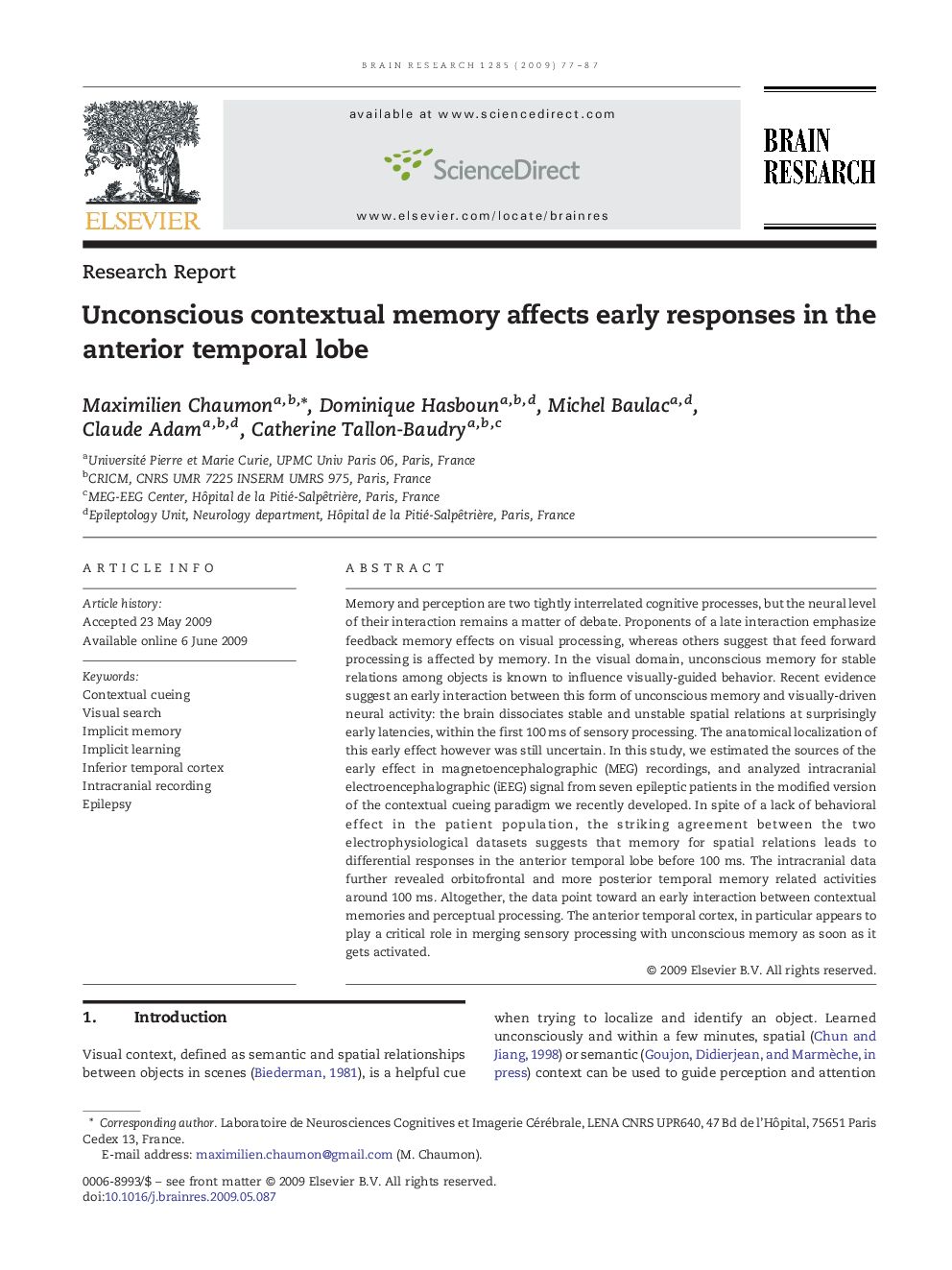 Unconscious contextual memory affects early responses in the anterior temporal lobe