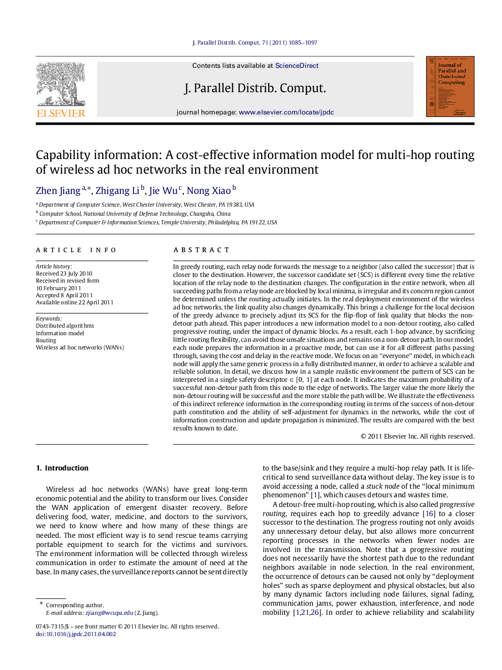 Capability information: A cost-effective information model for multi-hop routing of wireless ad hoc networks in the real environment