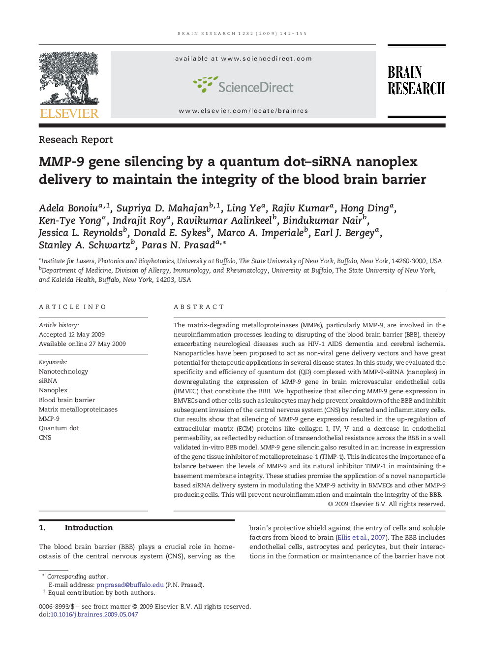 MMP-9 gene silencing by a quantum dot–siRNA nanoplex delivery to maintain the integrity of the blood brain barrier