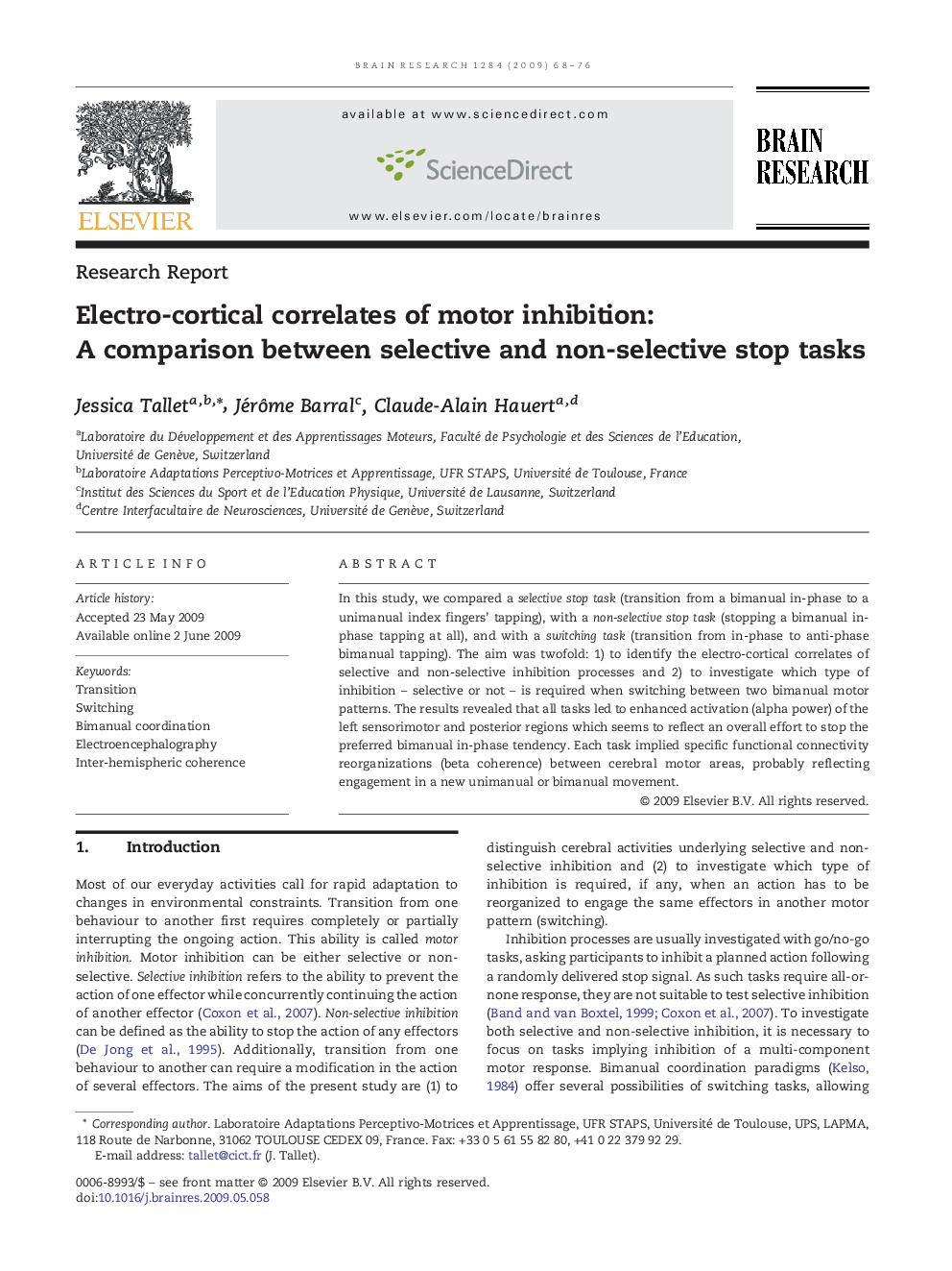 Electro-cortical correlates of motor inhibition: A comparison between selective and non-selective stop tasks