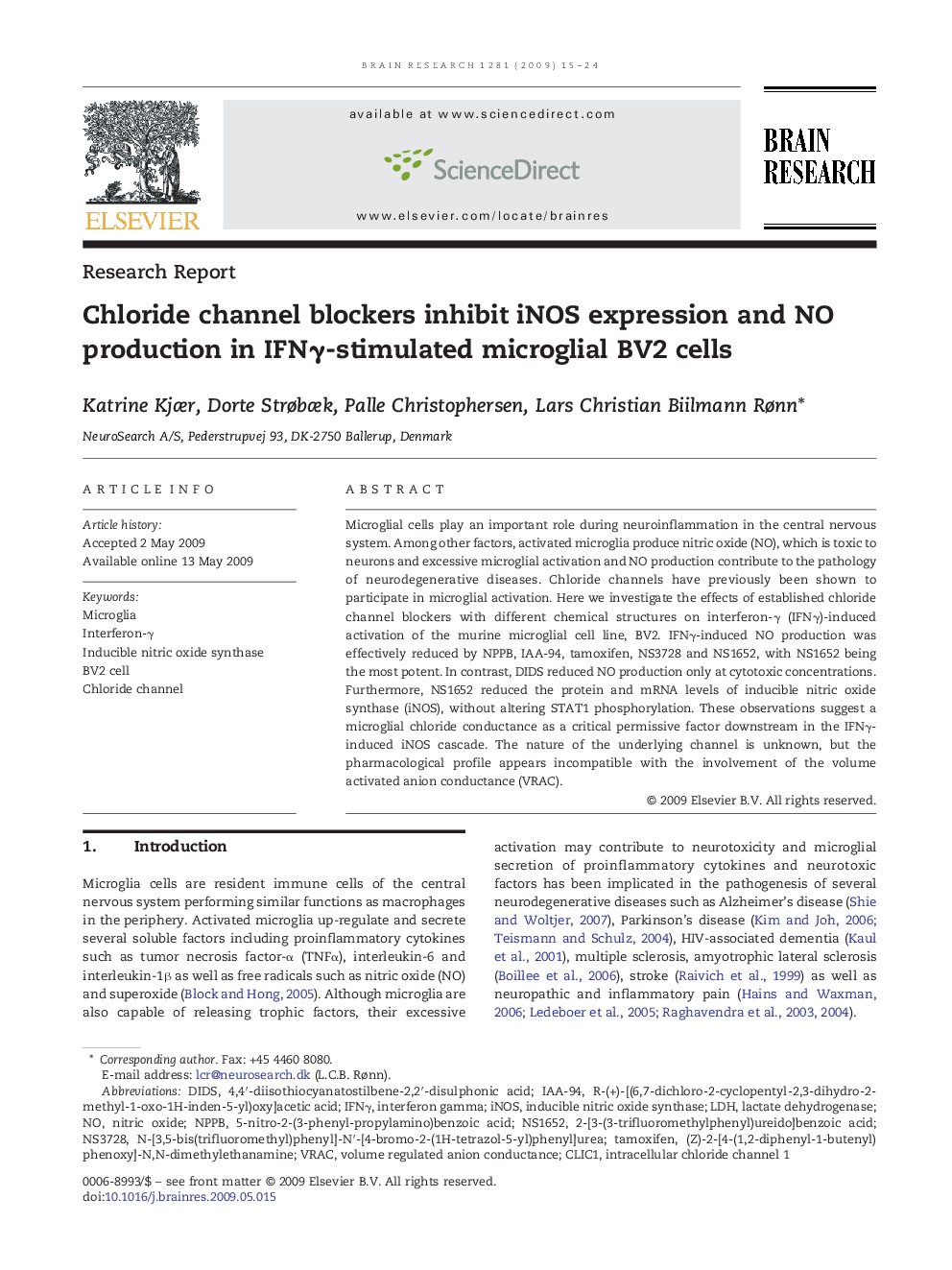 Chloride channel blockers inhibit iNOS expression and NO production in IFNγ-stimulated microglial BV2 cells