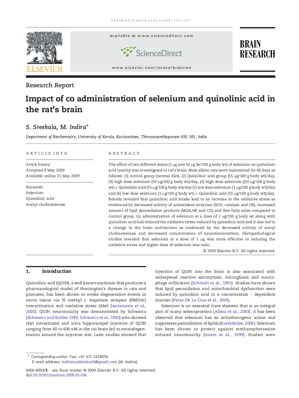 Impact of co administration of selenium and quinolinic acid in the rat's brain