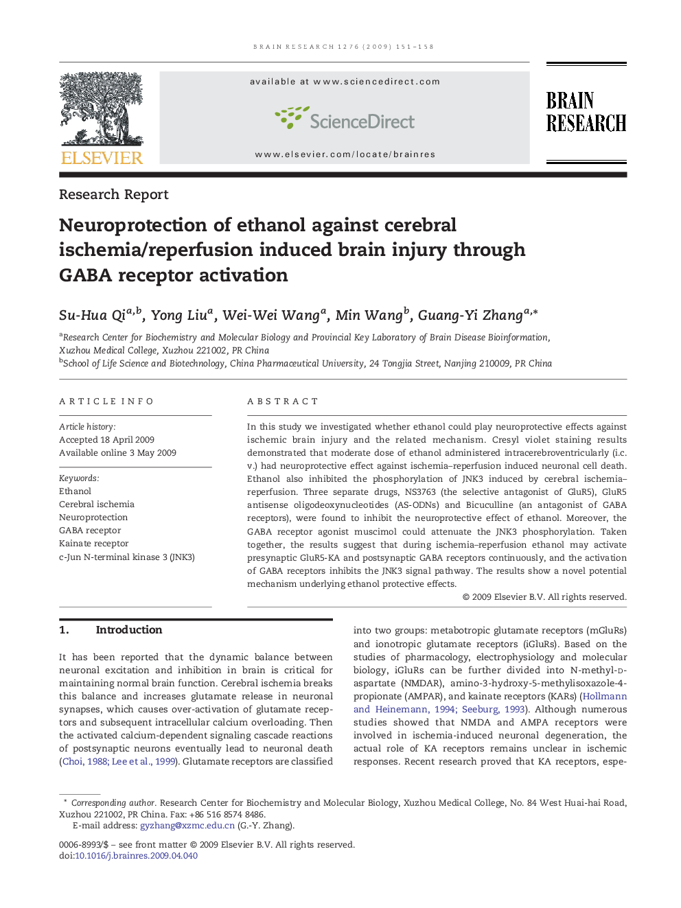 Neuroprotection of ethanol against cerebral ischemia/reperfusion induced brain injury through GABA receptor activation