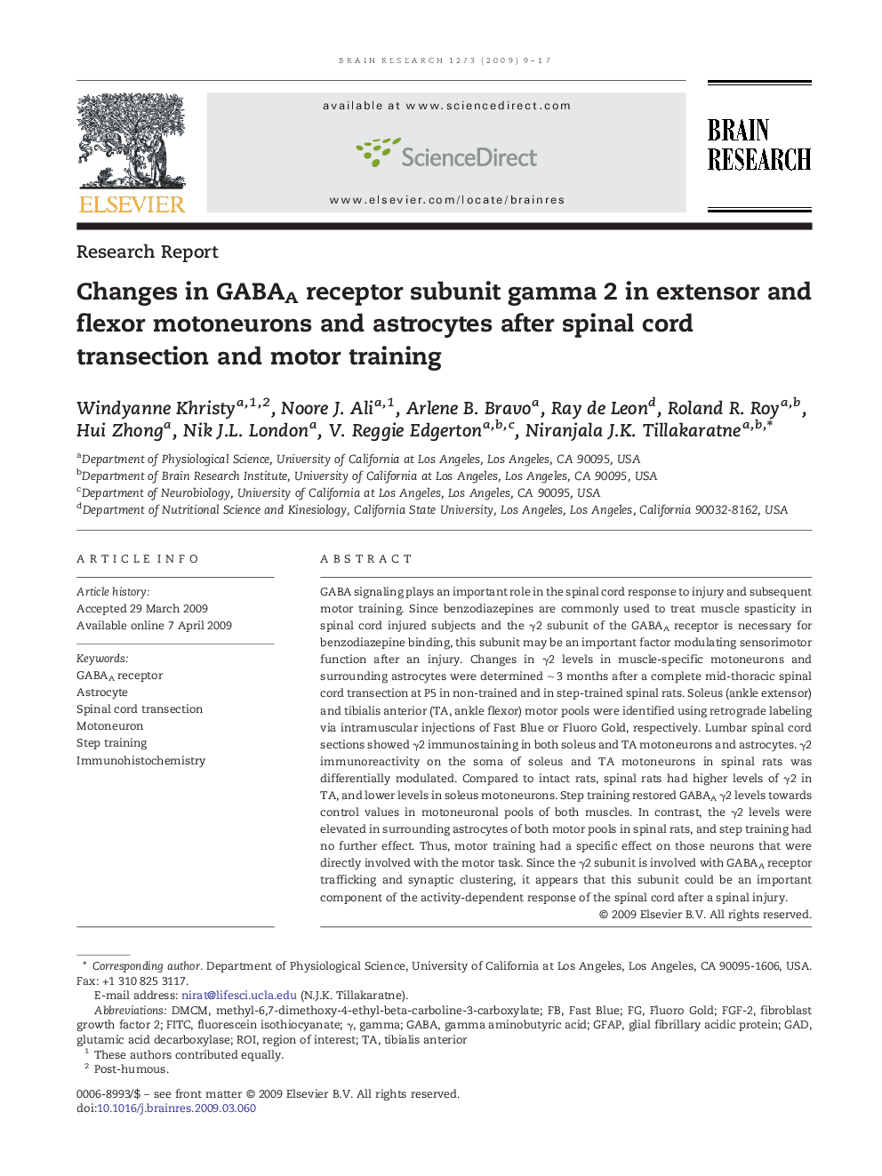 Changes in GABAA receptor subunit gamma 2 in extensor and flexor motoneurons and astrocytes after spinal cord transection and motor training