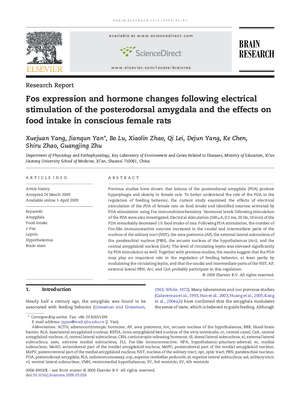 Fos expression and hormone changes following electrical stimulation of the posterodorsal amygdala and the effects on food intake in conscious female rats