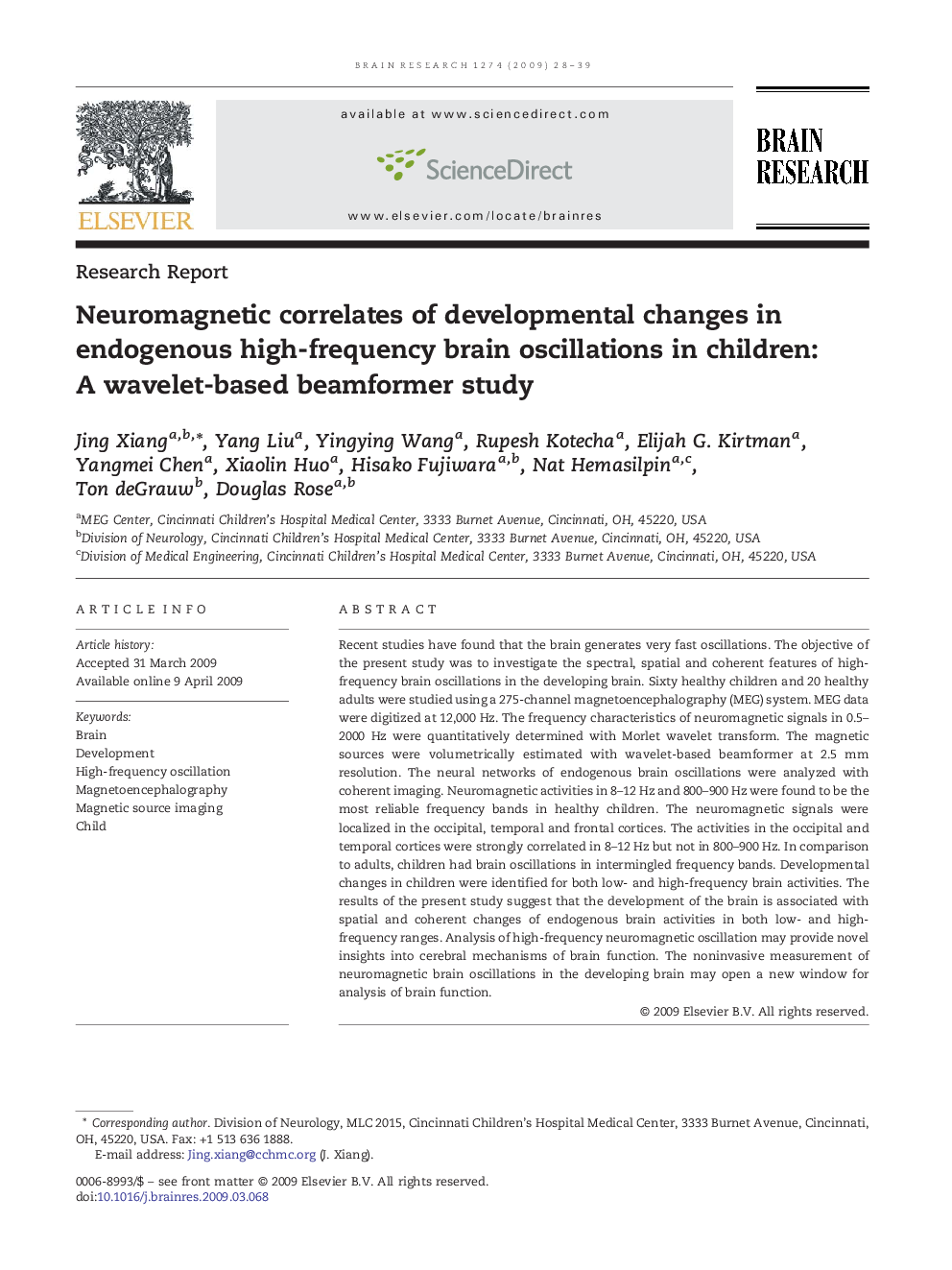 Neuromagnetic correlates of developmental changes in endogenous high-frequency brain oscillations in children: A wavelet-based beamformer study