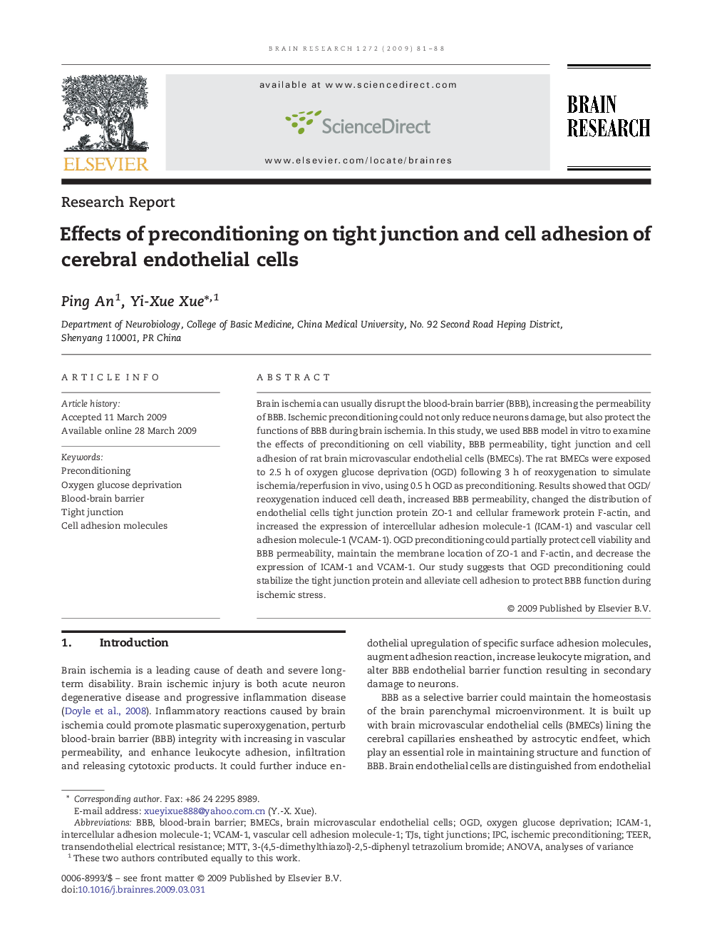 Effects of preconditioning on tight junction and cell adhesion of cerebral endothelial cells