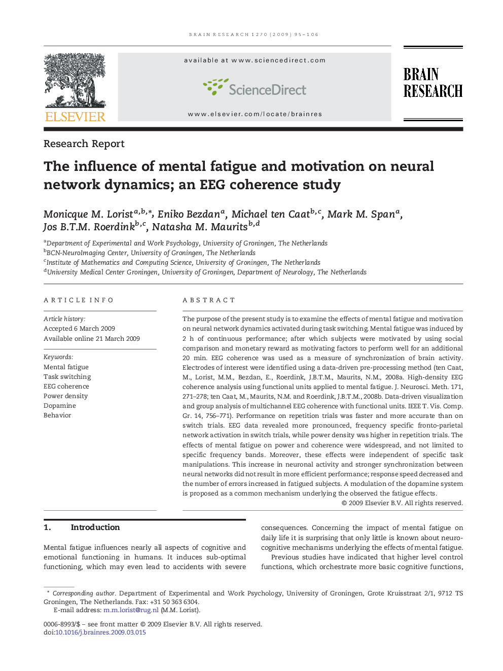 The influence of mental fatigue and motivation on neural network dynamics; an EEG coherence study