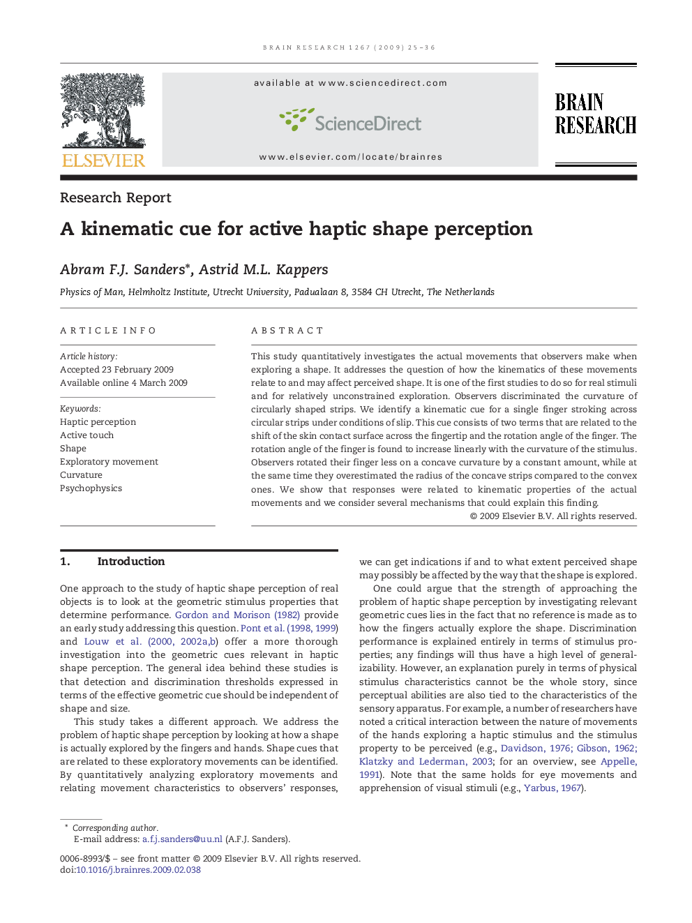 A kinematic cue for active haptic shape perception