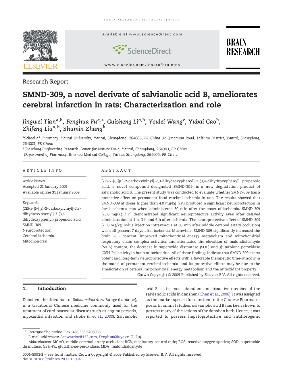 SMND-309, a novel derivate of salvianolic acid B, ameliorates cerebral infarction in rats: Characterization and role