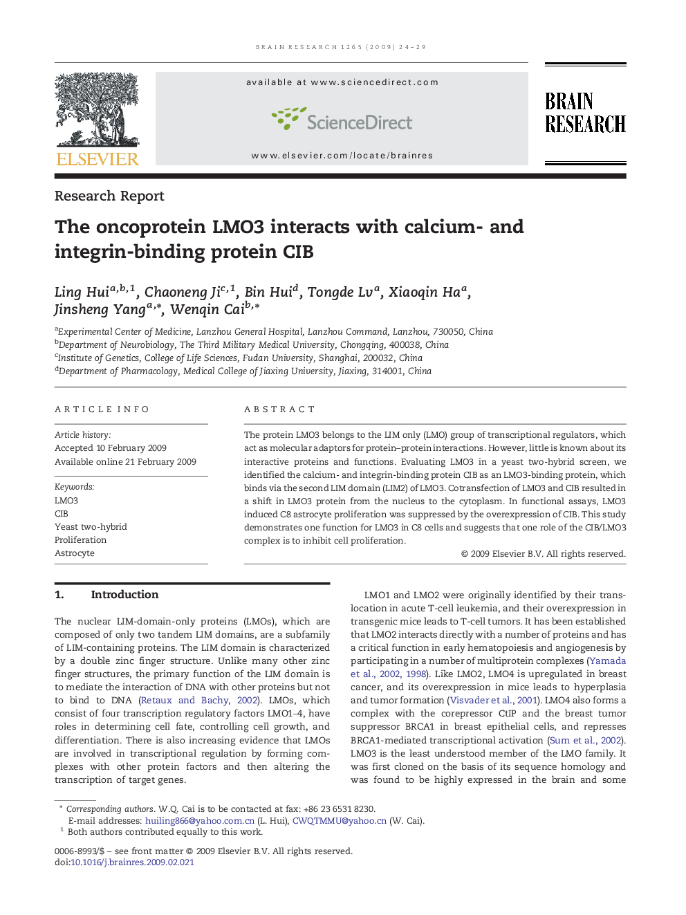 The oncoprotein LMO3 interacts with calcium- and integrin-binding protein CIB