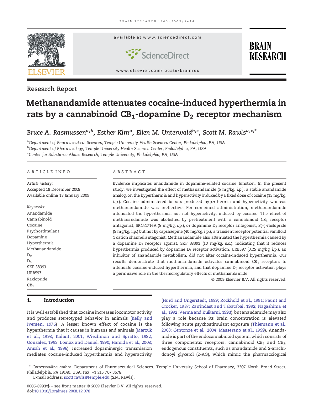 Methanandamide attenuates cocaine-induced hyperthermia in rats by a cannabinoid CB1-dopamine D2 receptor mechanism