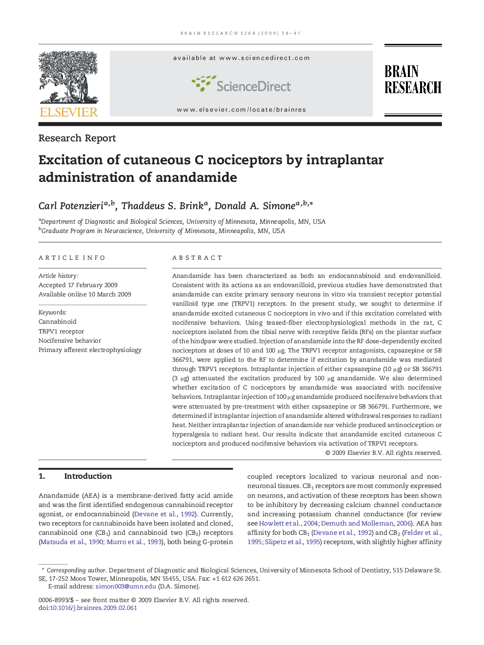 Excitation of cutaneous C nociceptors by intraplantar administration of anandamide