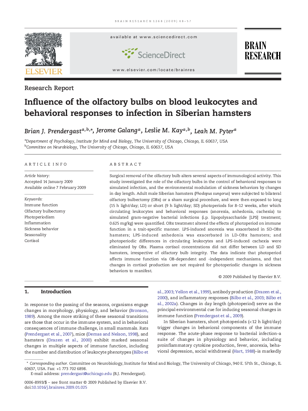 Influence of the olfactory bulbs on blood leukocytes and behavioral responses to infection in Siberian hamsters