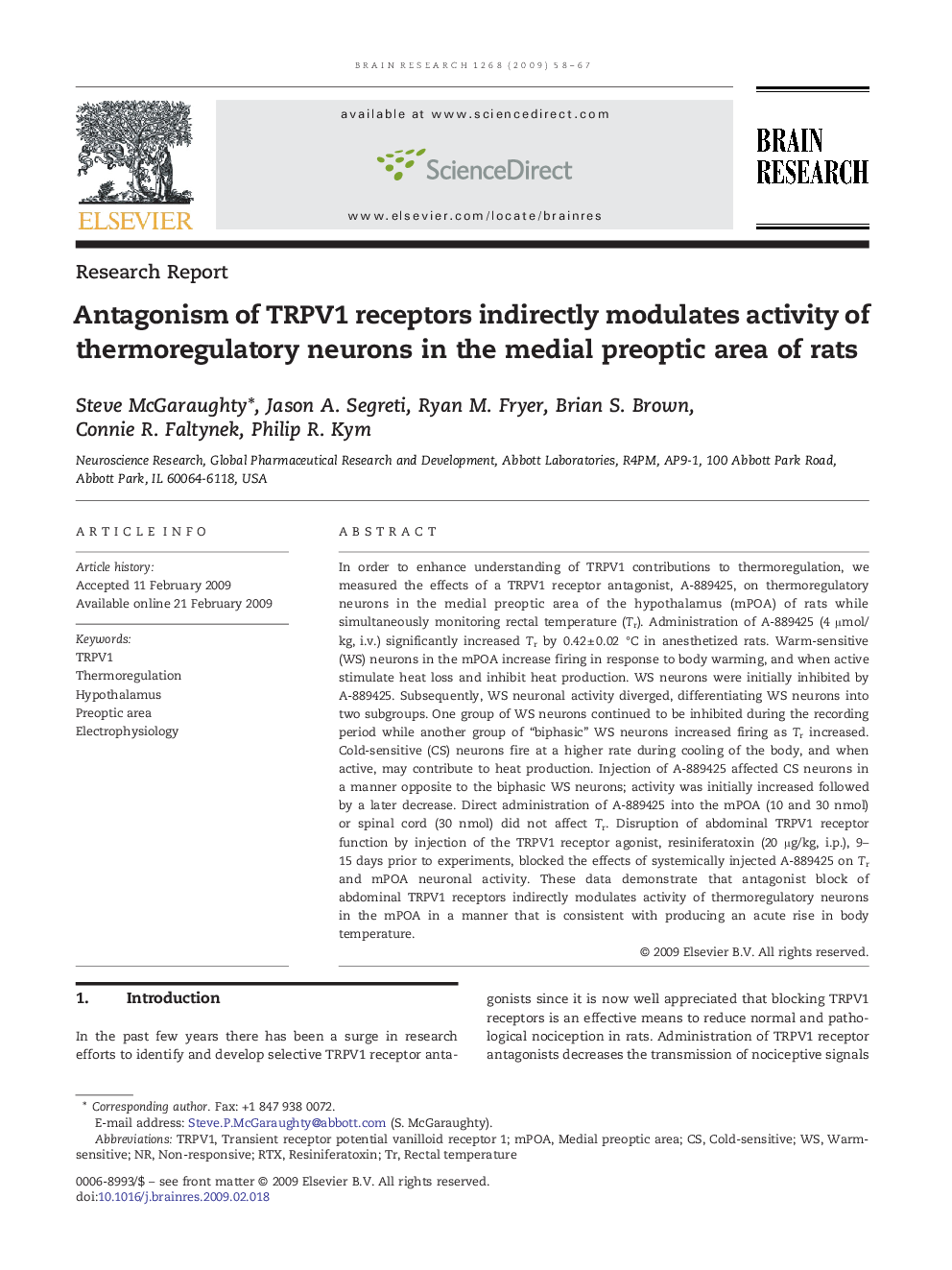 Antagonism of TRPV1 receptors indirectly modulates activity of thermoregulatory neurons in the medial preoptic area of rats