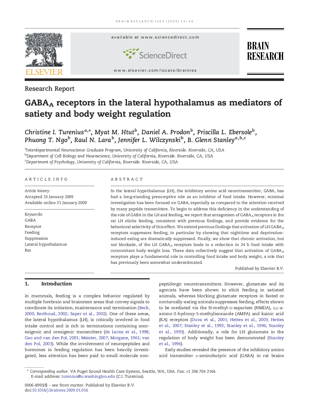 GABAA receptors in the lateral hypothalamus as mediators of satiety and body weight regulation