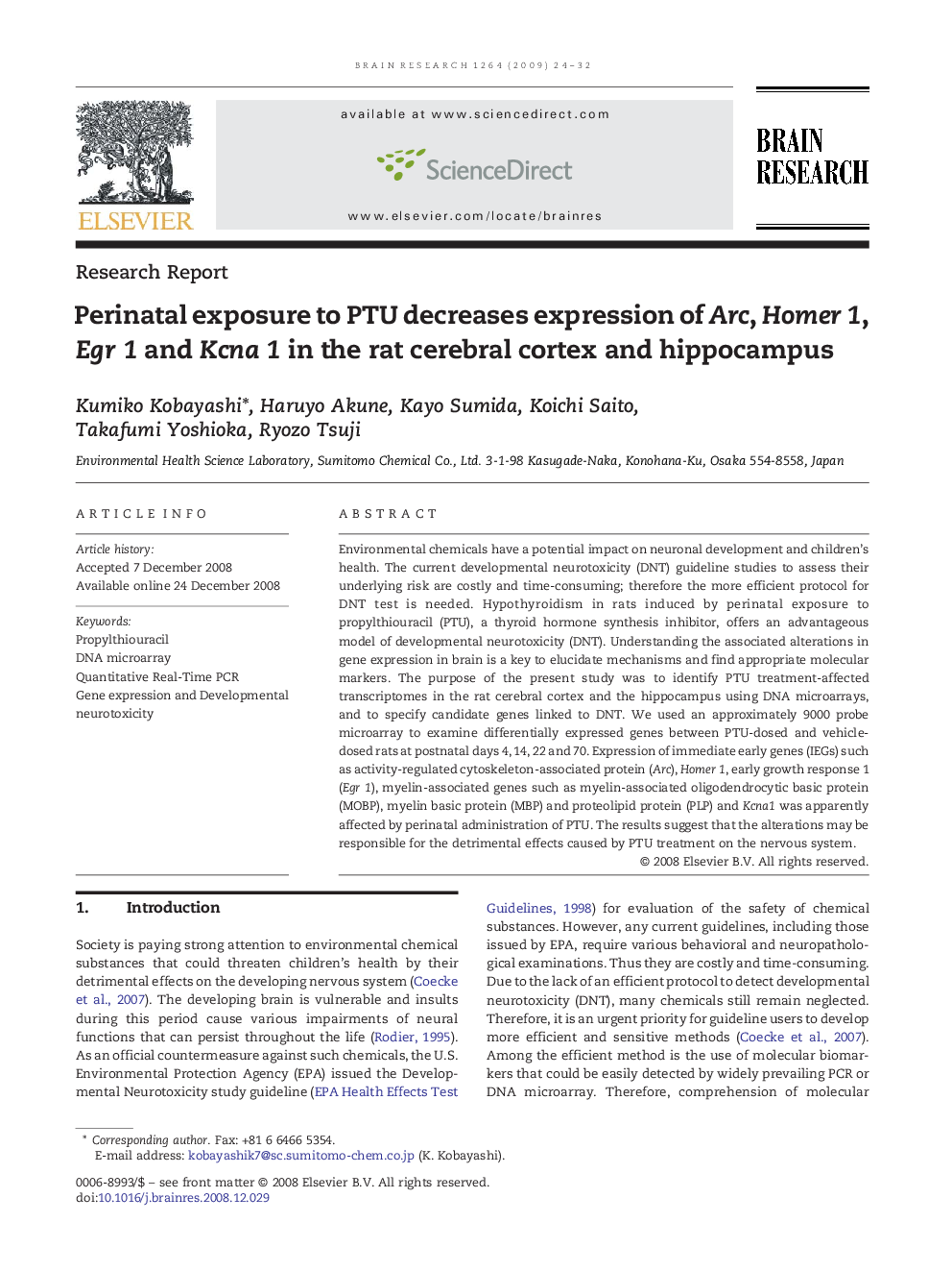 Perinatal exposure to PTU decreases expression of Arc, Homer 1, Egr 1 and Kcna 1 in the rat cerebral cortex and hippocampus