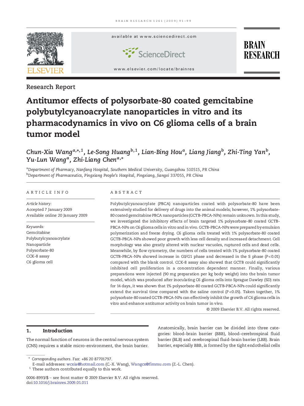 Antitumor effects of polysorbate-80 coated gemcitabine polybutylcyanoacrylate nanoparticles in vitro and its pharmacodynamics in vivo on C6 glioma cells of a brain tumor model