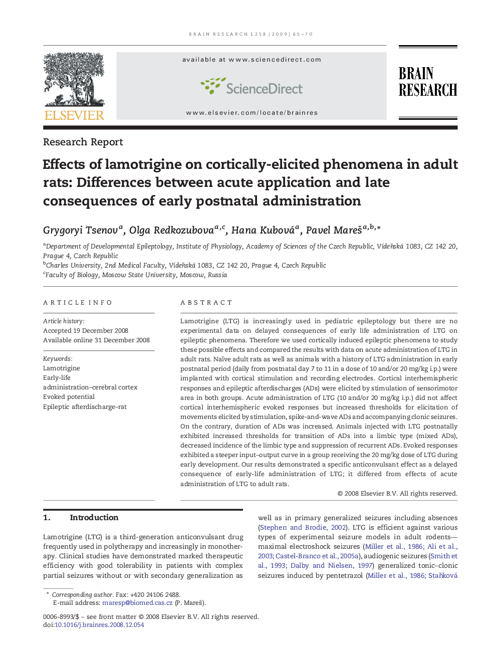 Effects of lamotrigine on cortically-elicited phenomena in adult rats: Differences between acute application and late consequences of early postnatal administration