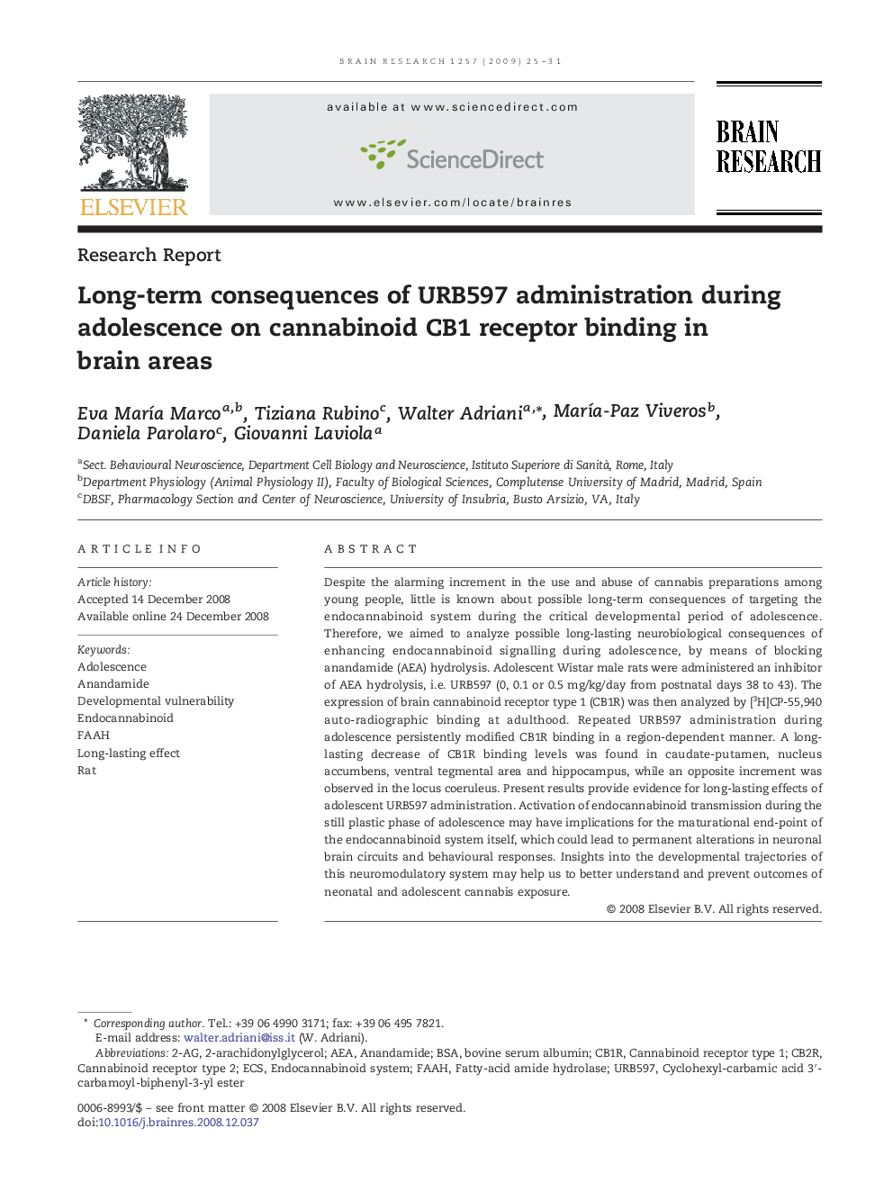 Long-term consequences of URB597 administration during adolescence on cannabinoid CB1 receptor binding in brain areas