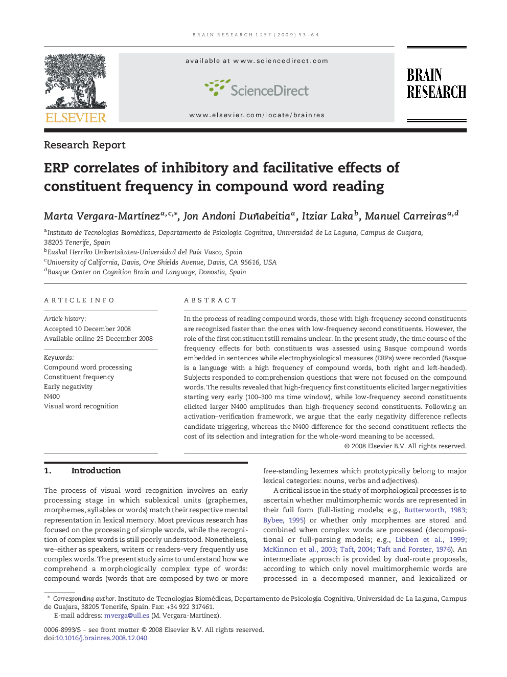 ERP correlates of inhibitory and facilitative effects of constituent frequency in compound word reading