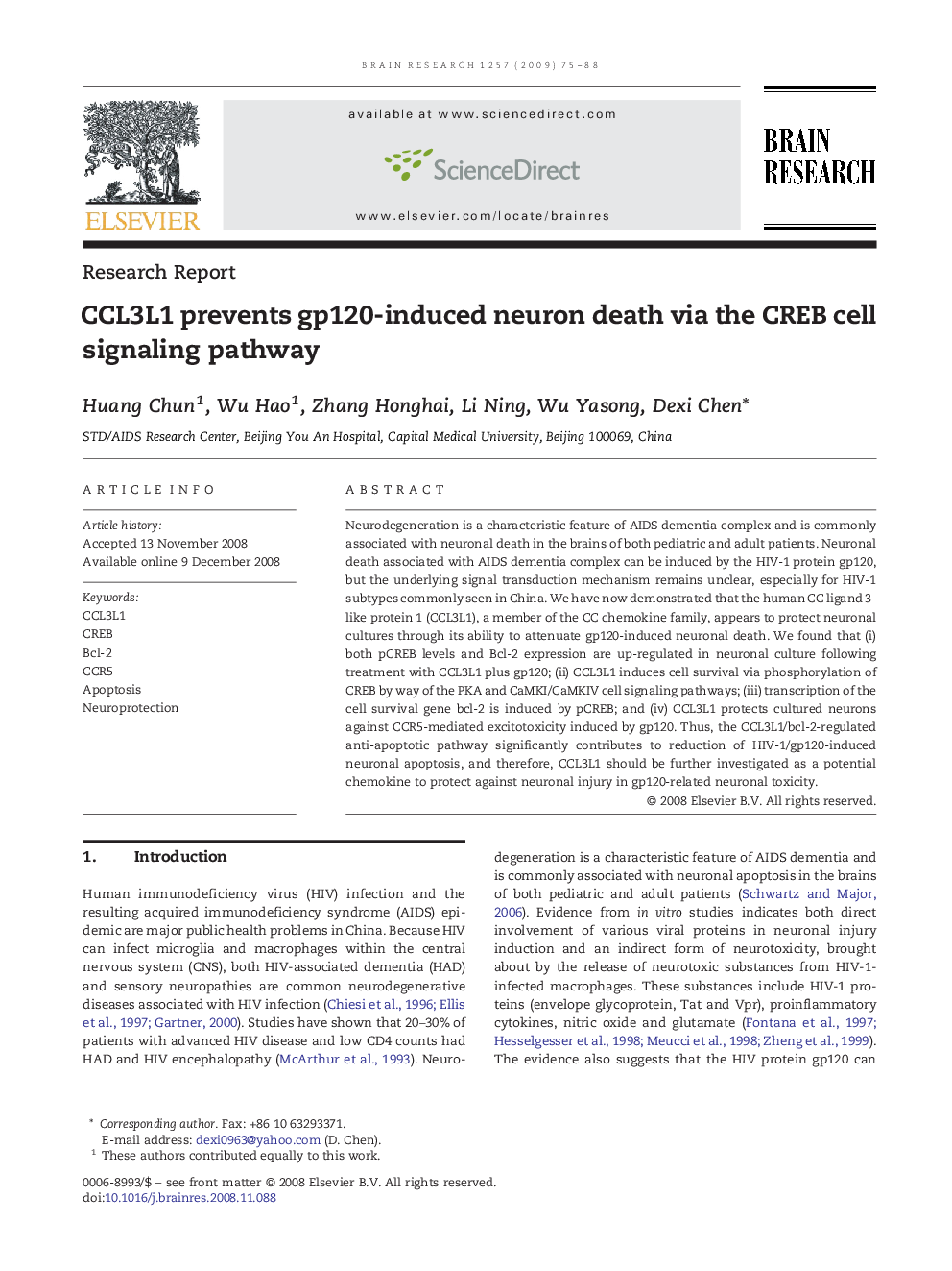 CCL3L1 prevents gp120-induced neuron death via the CREB cell signaling pathway