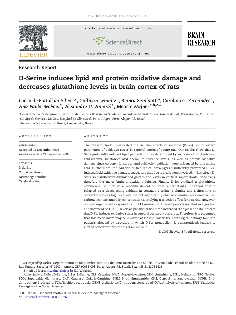 D-Serine induces lipid and protein oxidative damage and decreases glutathione levels in brain cortex of rats