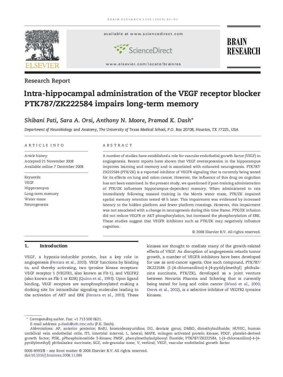 Intra-hippocampal administration of the VEGF receptor blocker PTK787/ZK222584 impairs long-term memory