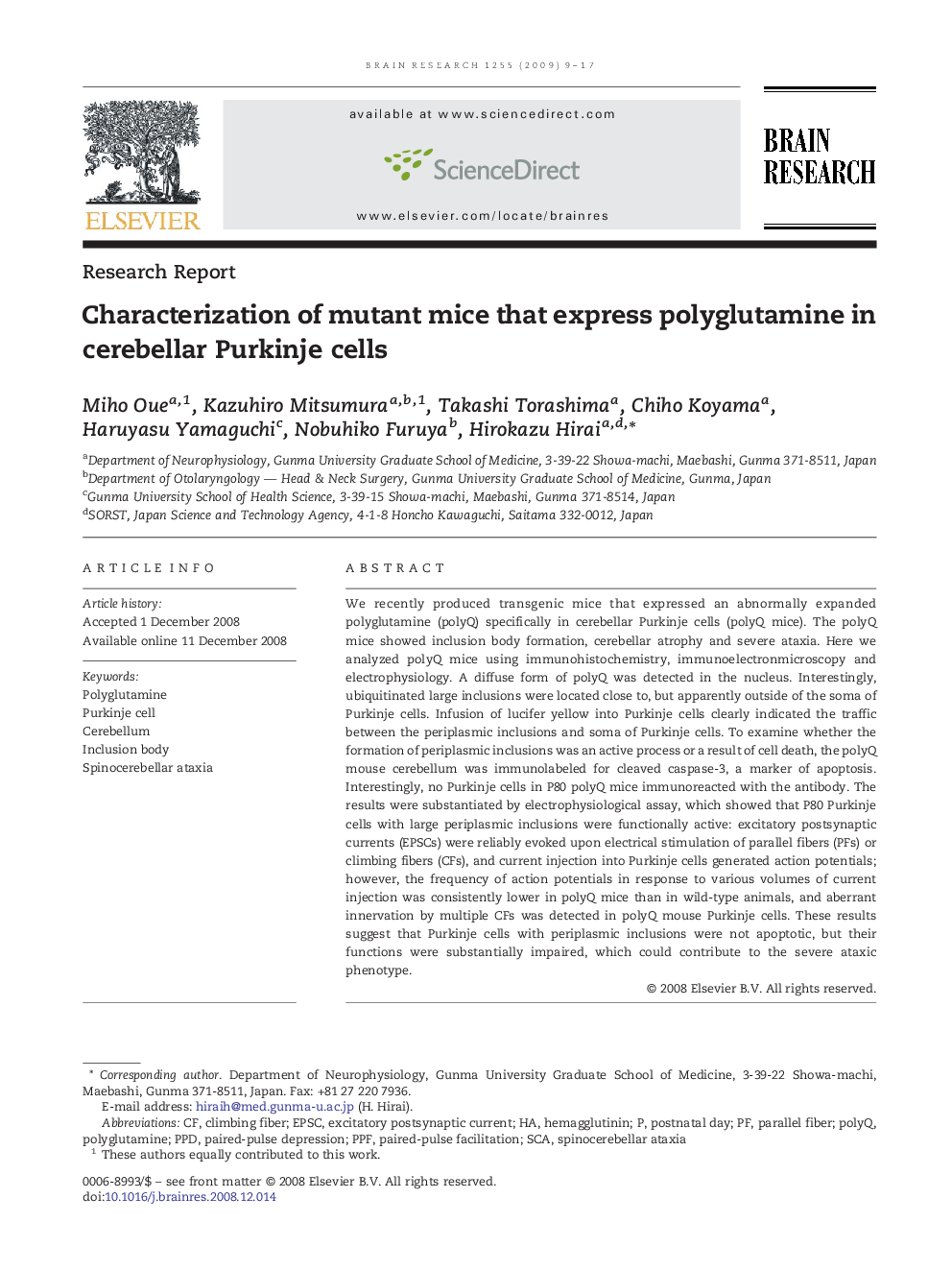 Characterization of mutant mice that express polyglutamine in cerebellar Purkinje cells